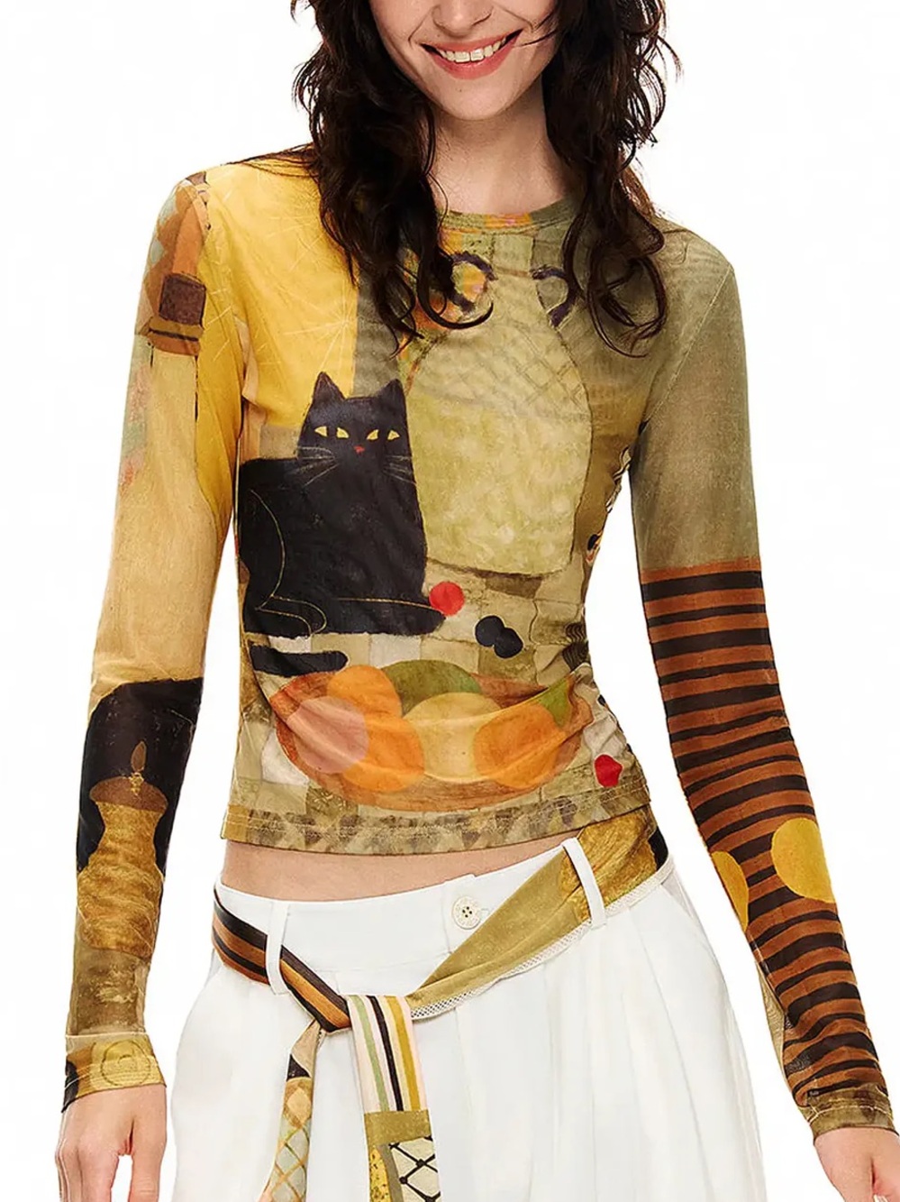 Whimsical Brown Mesh Cat Graphic  Long Sleeve Top Size M - NWOT